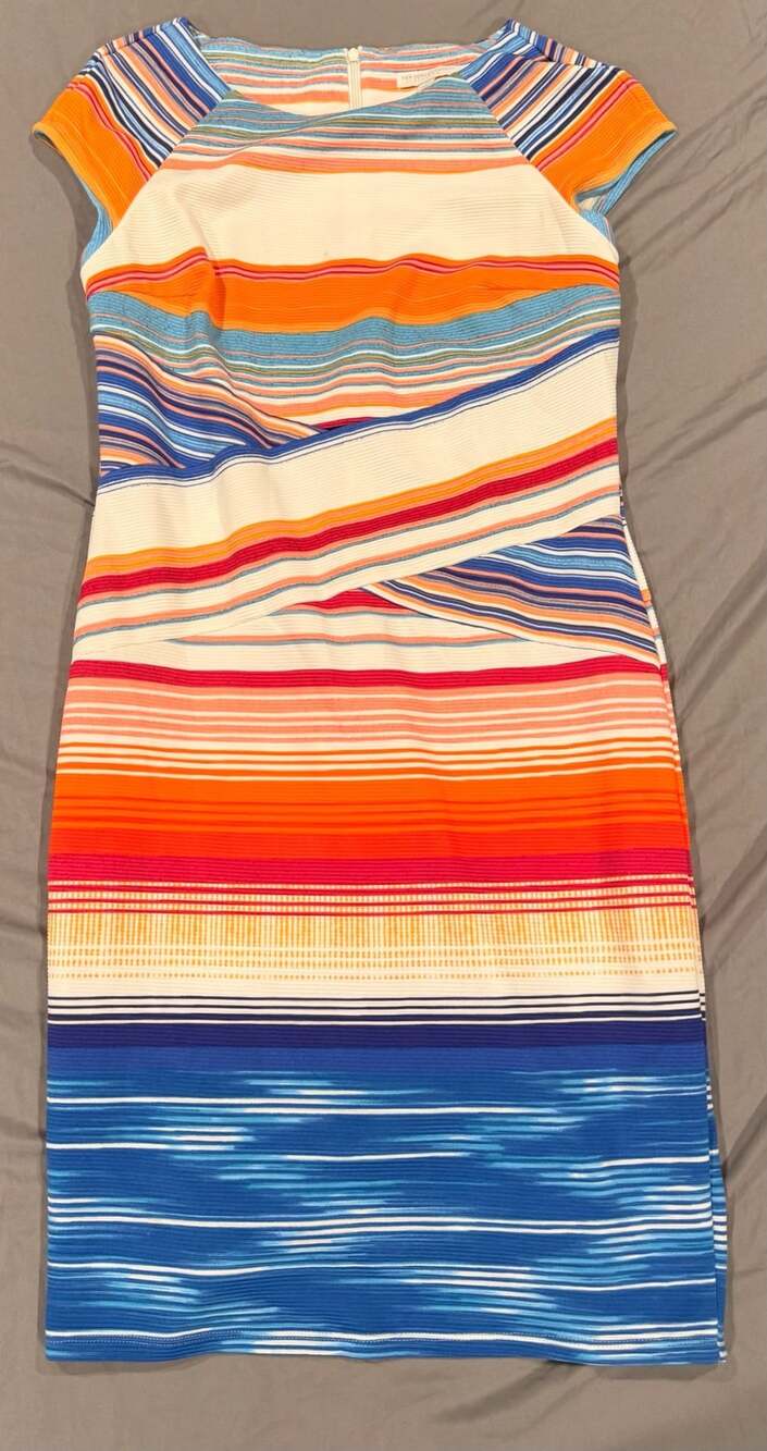 New York & Company Multicolor Striped Stretch Cap Sleeve Midi Dress